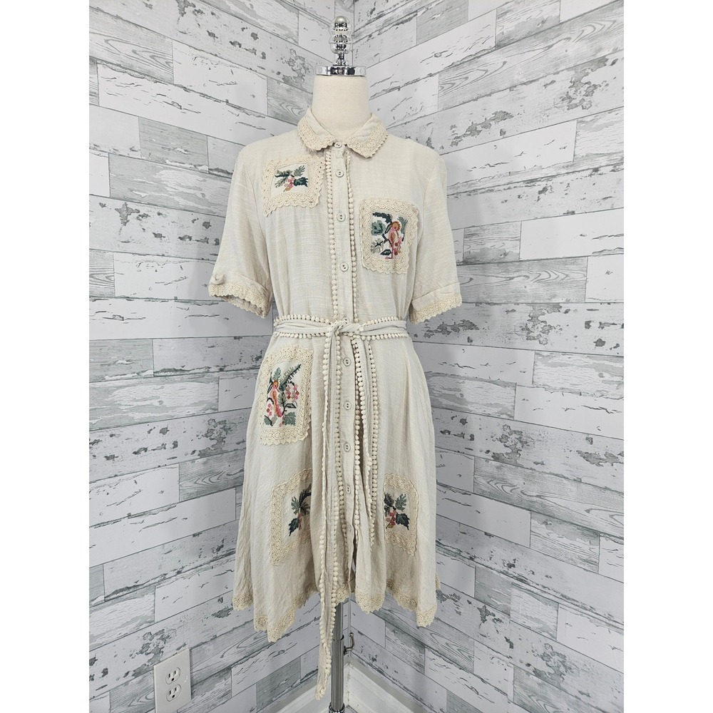 Calypso St Barth Linen Blend Needlepoint Floral Lace Trim Shirt Dress Large